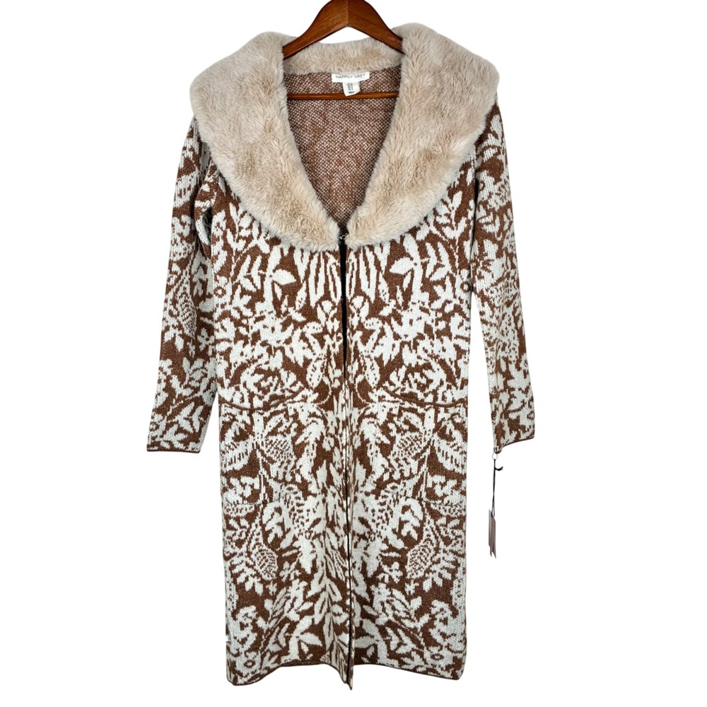 NWT Cardigan Coat S Fur Collar Longline Penny Lane Boho Glam Duster Brown Knit